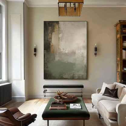 Green and Grey Abstract Oil Painting on Canvas, Original Hand-painted Canvas Wall Art, Modern Textured Wall Art for Living Room, Home Decor