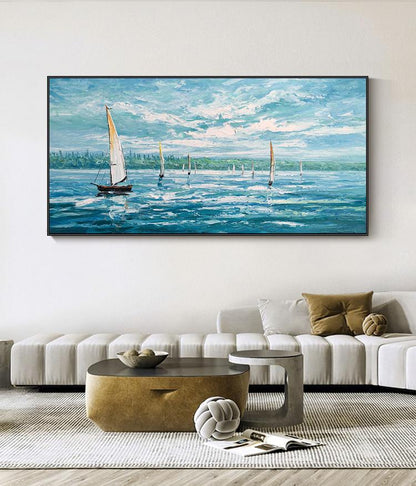 Abstract Seascape Oil Painting on Canvas, Large Original Sailboats Canvas Wall Art, Nautical Wall Art, Modern Ocean Wall Art for Living Room