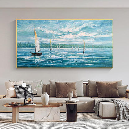 Abstract Seascape Oil Painting on Canvas, Large Original Sailboats Canvas Wall Art, Nautical Wall Art, Modern Ocean Wall Art for Living Room