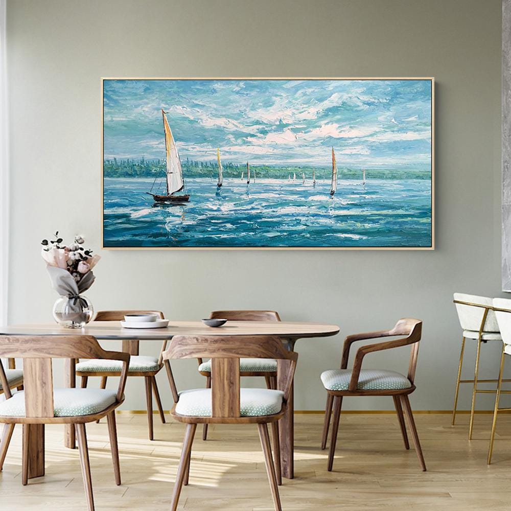 Abstract Seascape Oil Painting on Canvas, Large Original Sailboats Canvas Wall Art, Nautical Wall Art, Modern Ocean Wall Art for Living Room