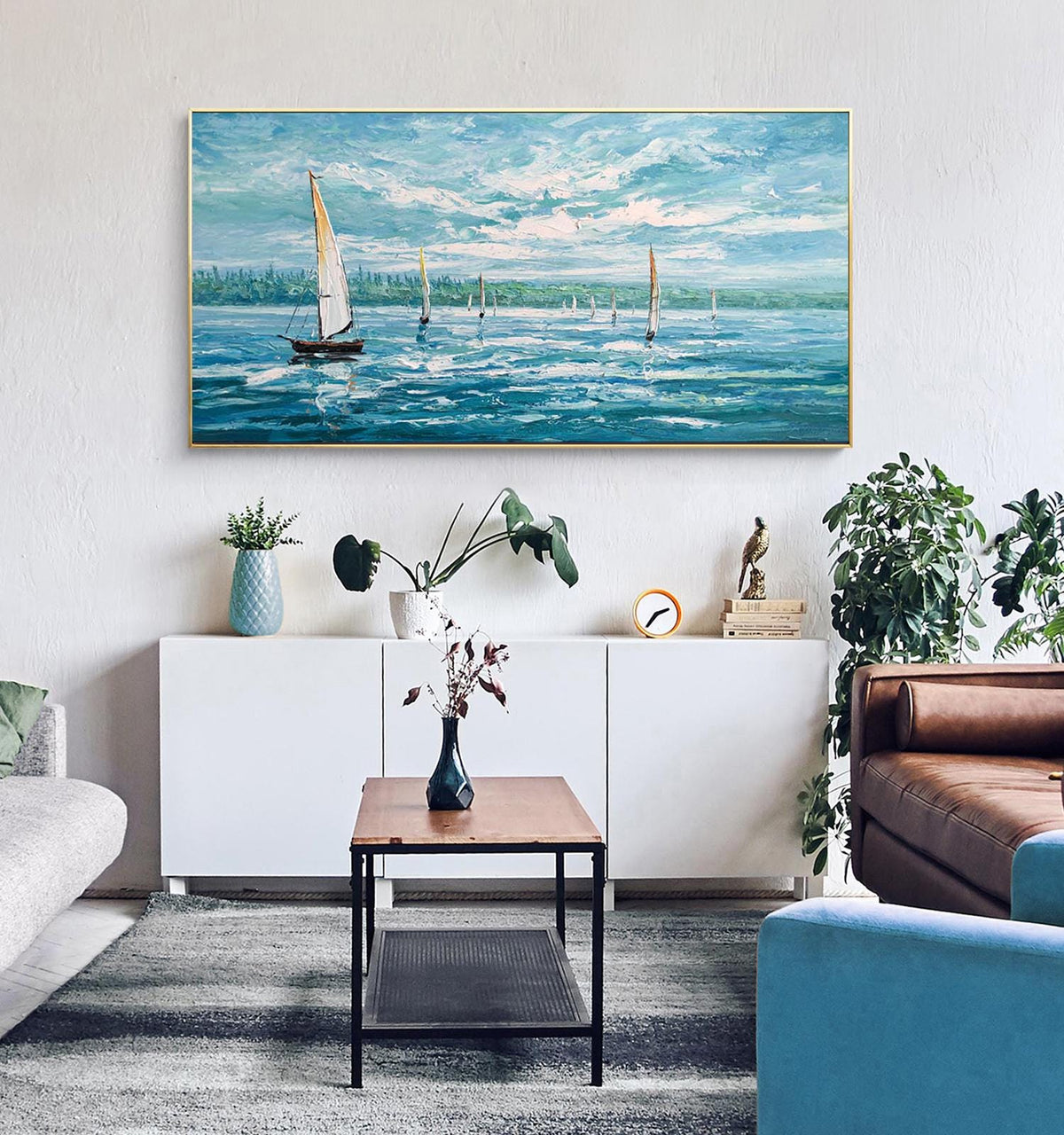 Abstract Seascape Oil Painting on Canvas, Large Original Sailboats Canvas Wall Art, Nautical Wall Art, Modern Ocean Wall Art for Living Room