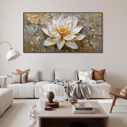 Gold and White Impasto Lotus Floral Wall Art Painting