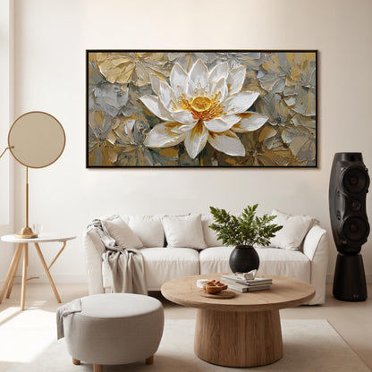Gold and White Impasto Lotus Floral Wall Art Painting