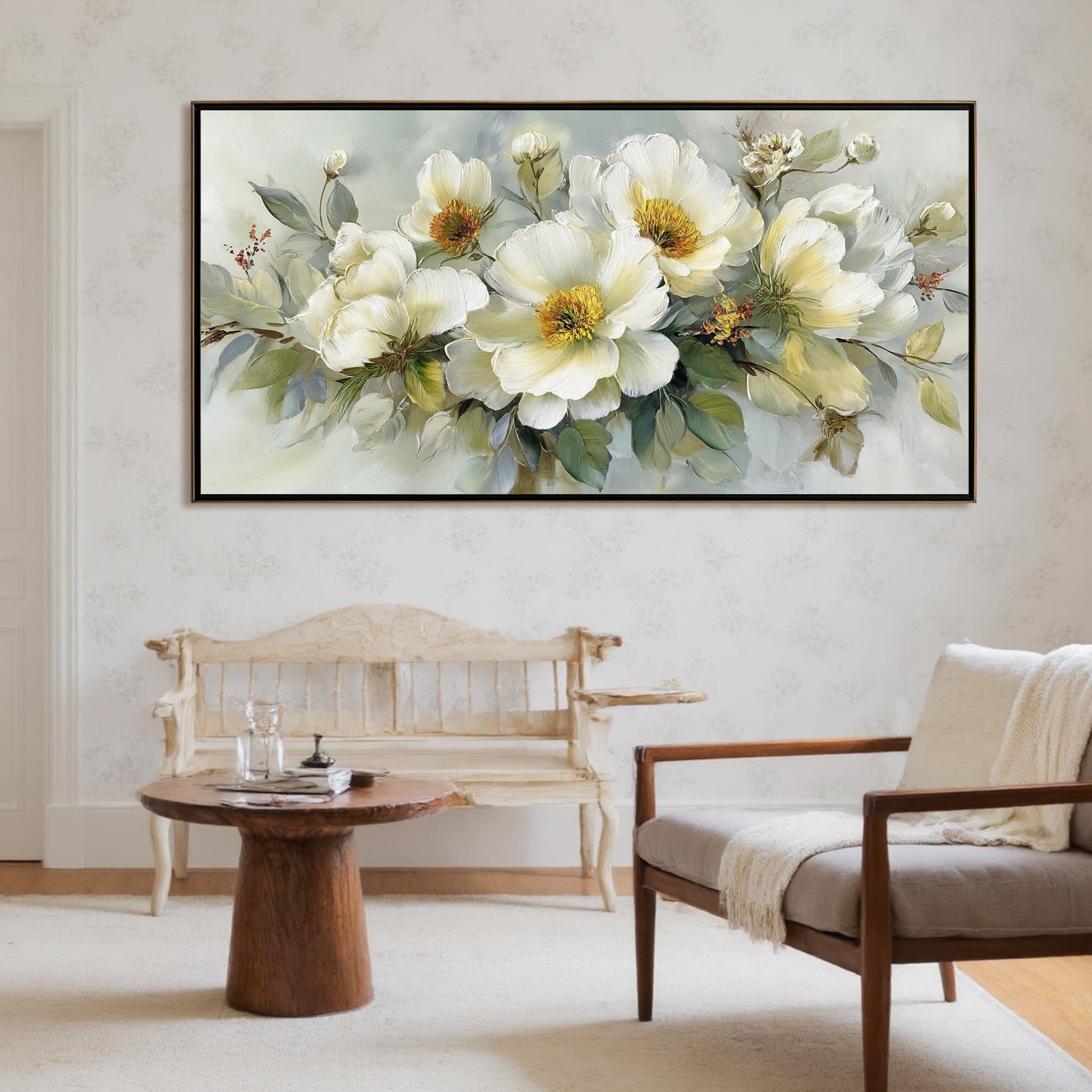 Abstract White Floral Painting, Textured Bouquet Wall Art, Farmhouse Decor – Sage and Green Bouquet Floral Wall Art | Abstrac