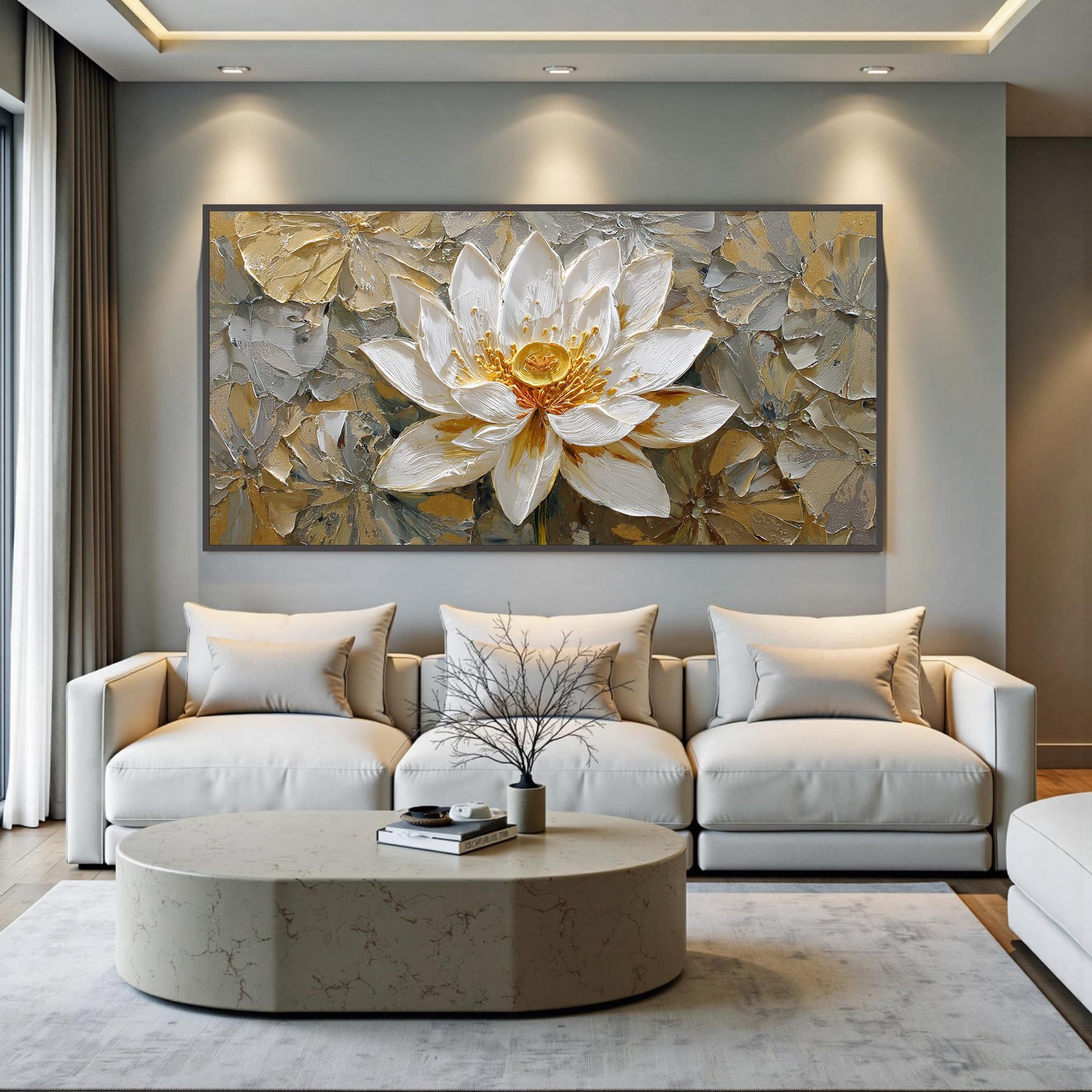 3D Textured Lotus Painting, Gold Accents, Impasto Floral Canvas Art – Gold and White Lotus Floral Wall Art | Impasto Painting