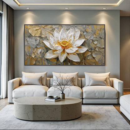 3D Textured Lotus Painting, Gold Accents, Impasto Floral Canvas Art – Gold and White Lotus Floral Wall Art | Impasto Painting
