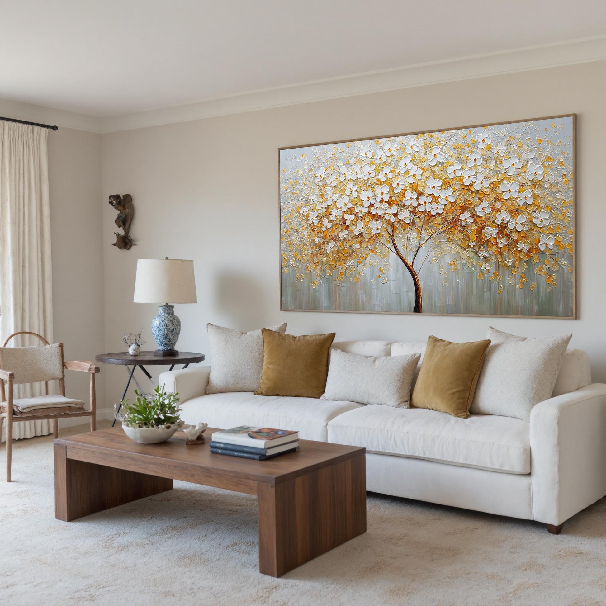 Large Textured Floral Tree Canvas Painting – Gold and White Floral Wall Art | Abstract Textured Hand-Painted Painting, view 5