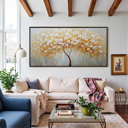 Gold and White Abstract Textured Floral Wall Art