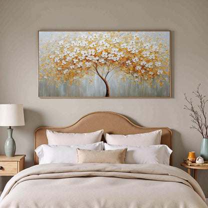 Gold and White Abstract Textured Floral Wall Art