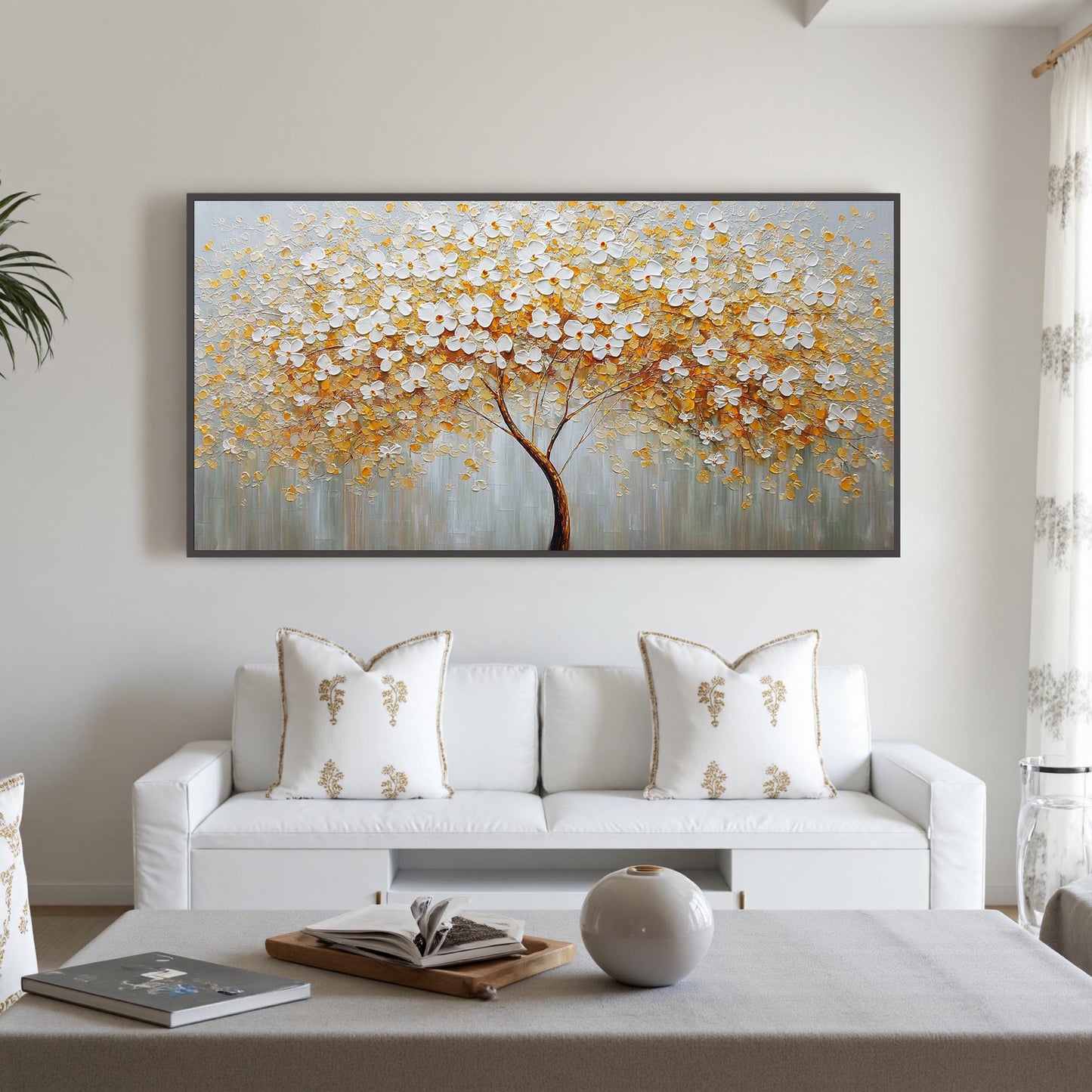 Gold and White Abstract Textured Floral Wall Art