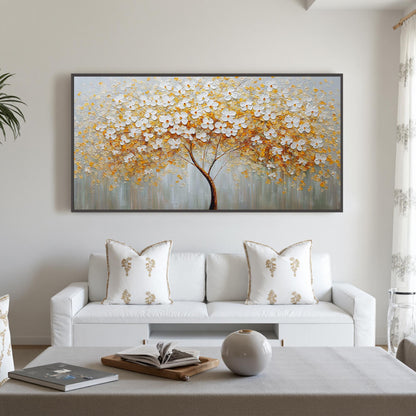 Gold and White Abstract Textured Floral Wall Art