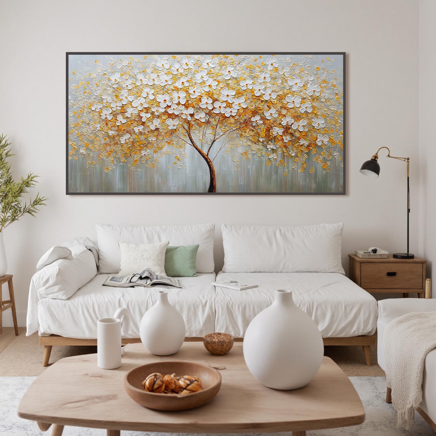 Gold and White Abstract Textured Floral Wall Art