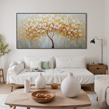 Gold and White Abstract Textured Floral Wall Art