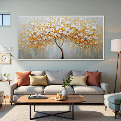 Large Textured Floral Tree Canvas Painting – Gold and White Floral Wall Art | Abstract Textured Hand-Painted Painting, view 1