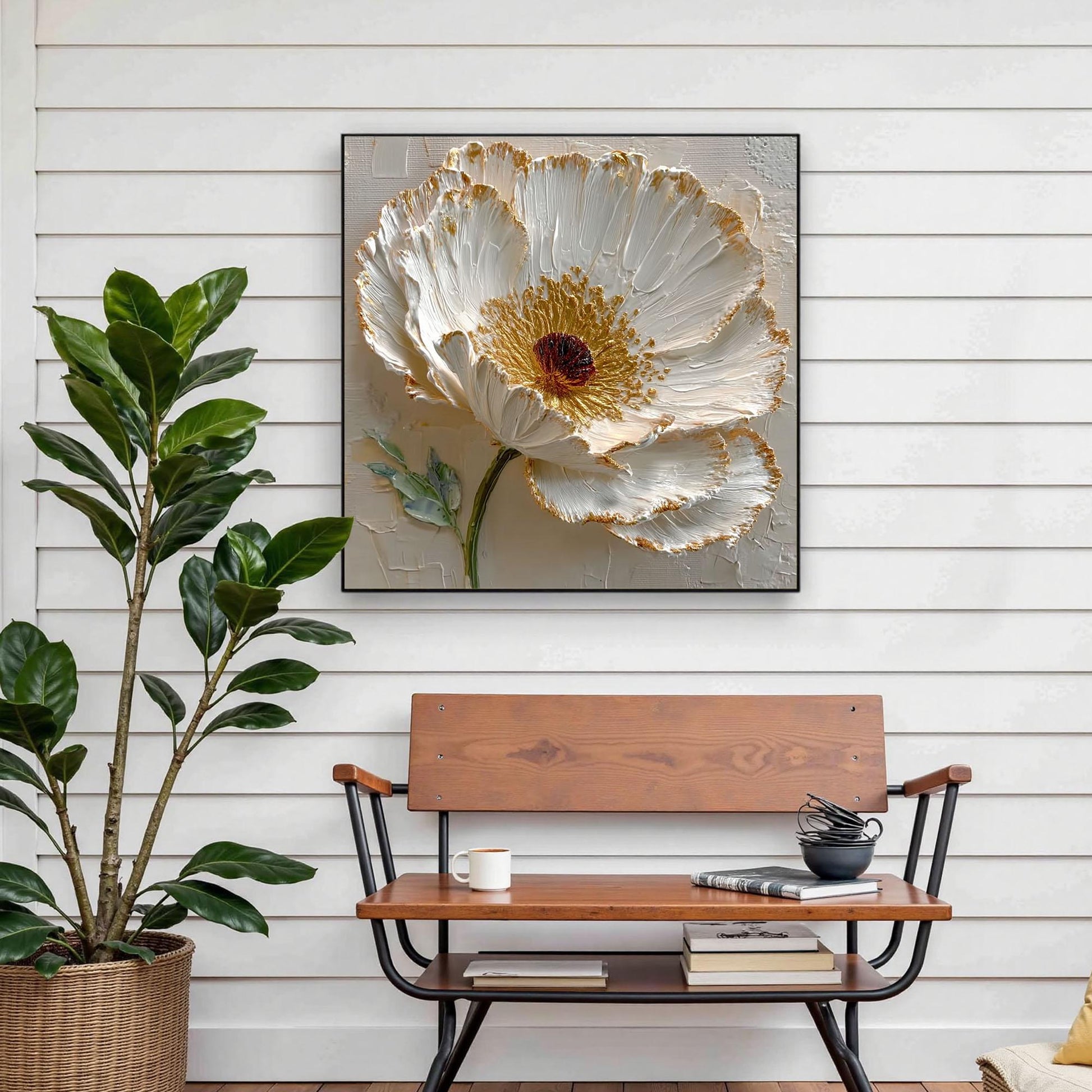 Hand-painted 3D White – Gold and White Floral Wall Art | Abstract Impasto Hand-Painted Painting, view 5