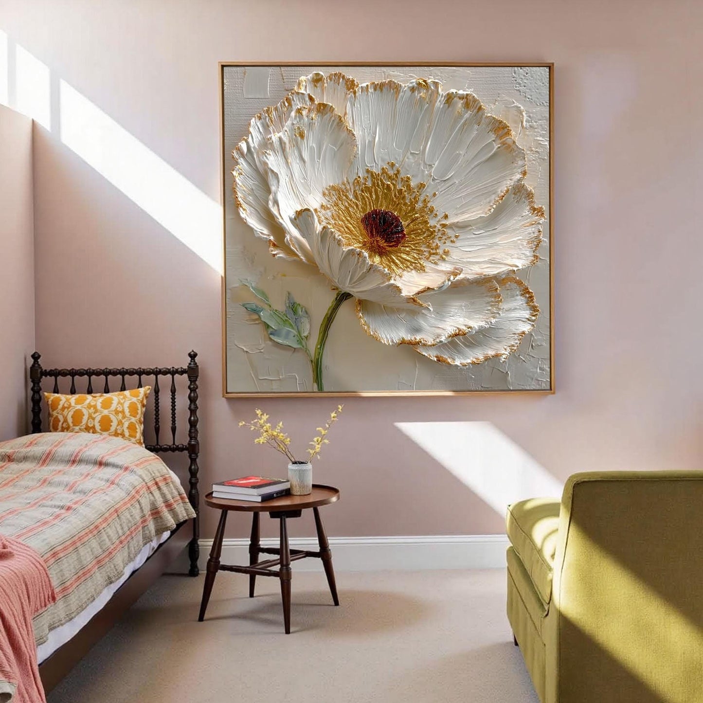 Gold and White Abstract Impasto Floral Wall Art – Hand-Painted 3D White