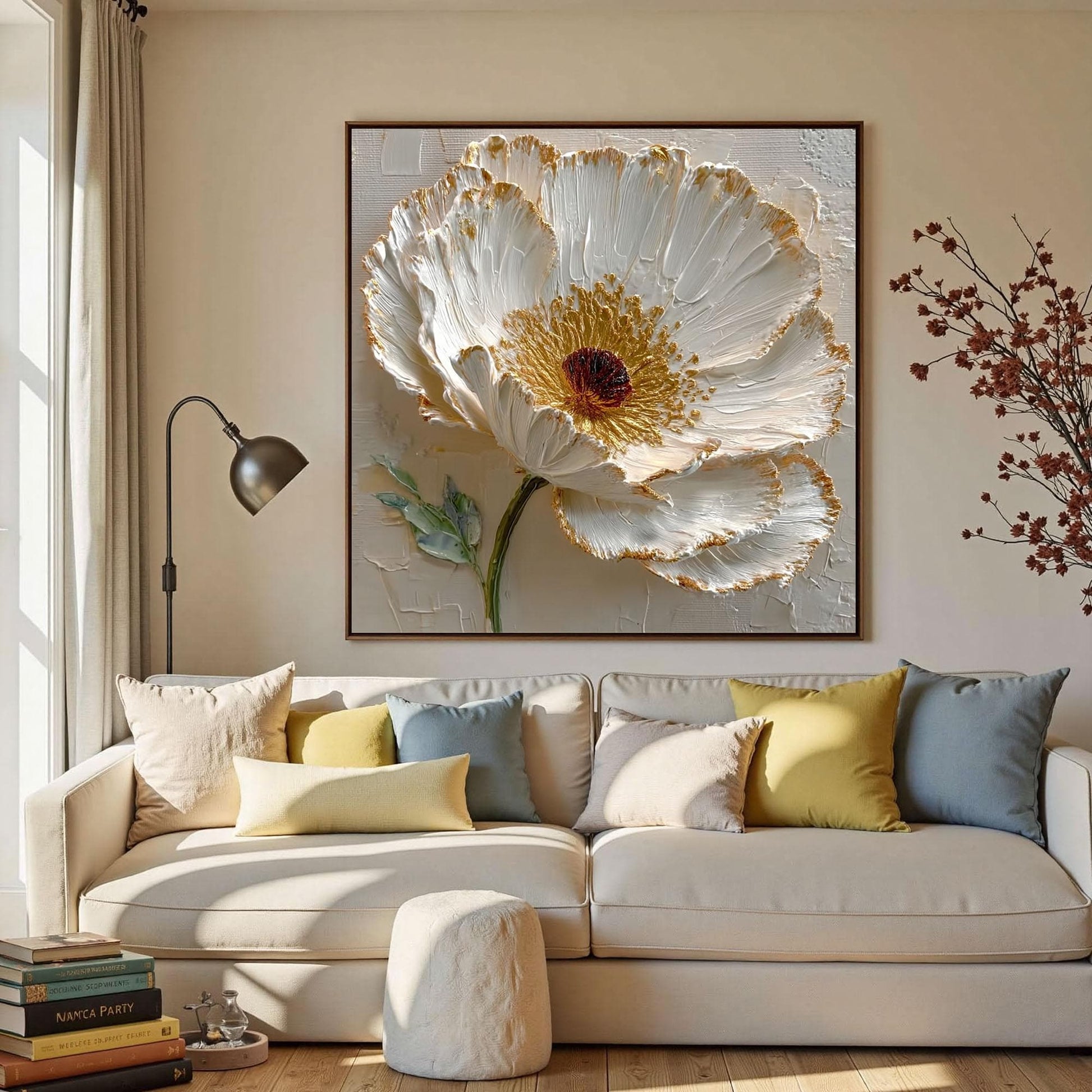 Hand-painted 3D White – Gold and White Floral Wall Art | Abstract Impasto Hand-Painted Painting, view 1