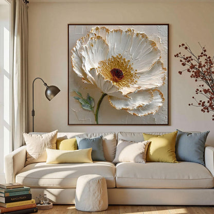 Hand-painted 3D White – Gold and White Floral Wall Art | Abstract Impasto Hand-Painted Painting, view 1