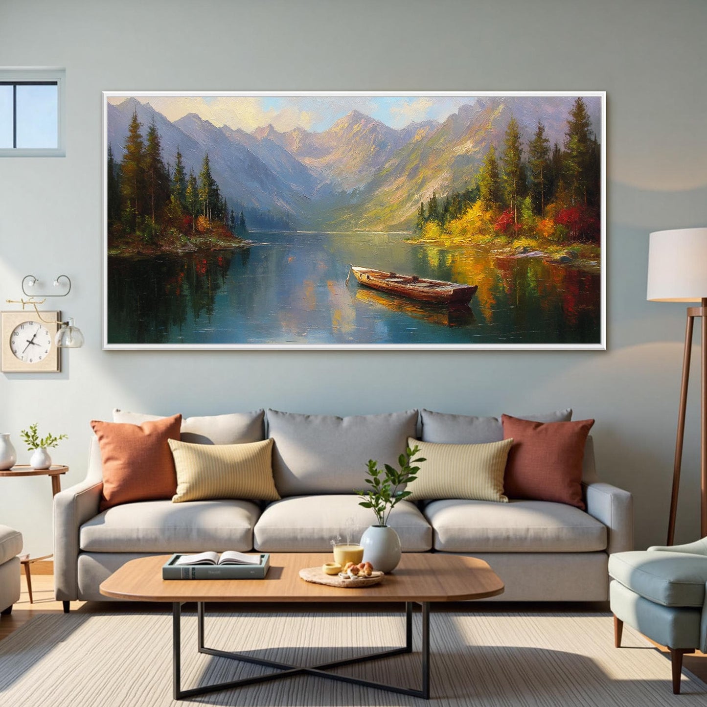 Hand-Painted Mountain Lake Landscape Wall Art – Abstract Autumn Canvas Painting