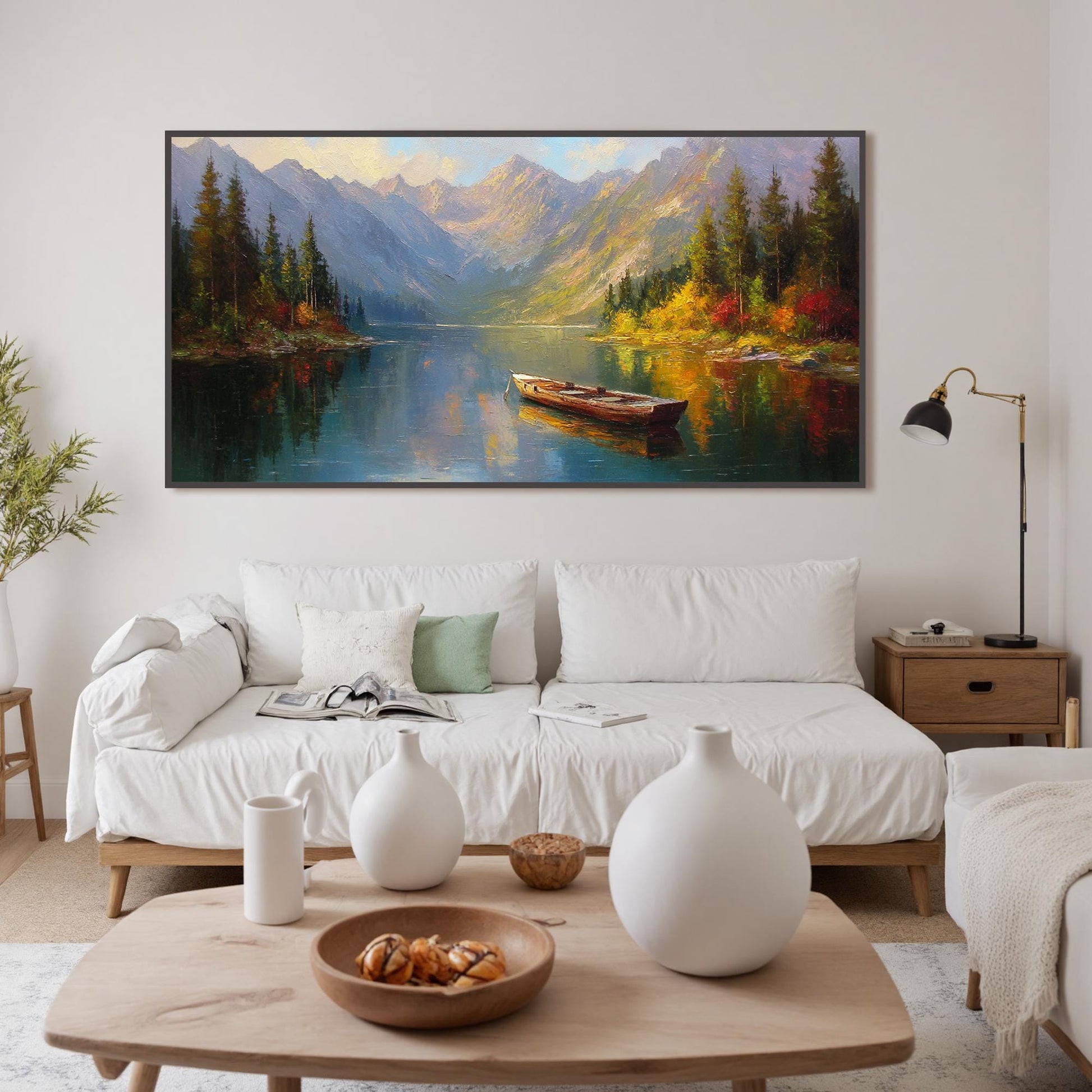 Hand-Painted Mountain Lake Canvas Art – Lake Landscape Wall Art | Abstract Hand-Painted Painting, view 2