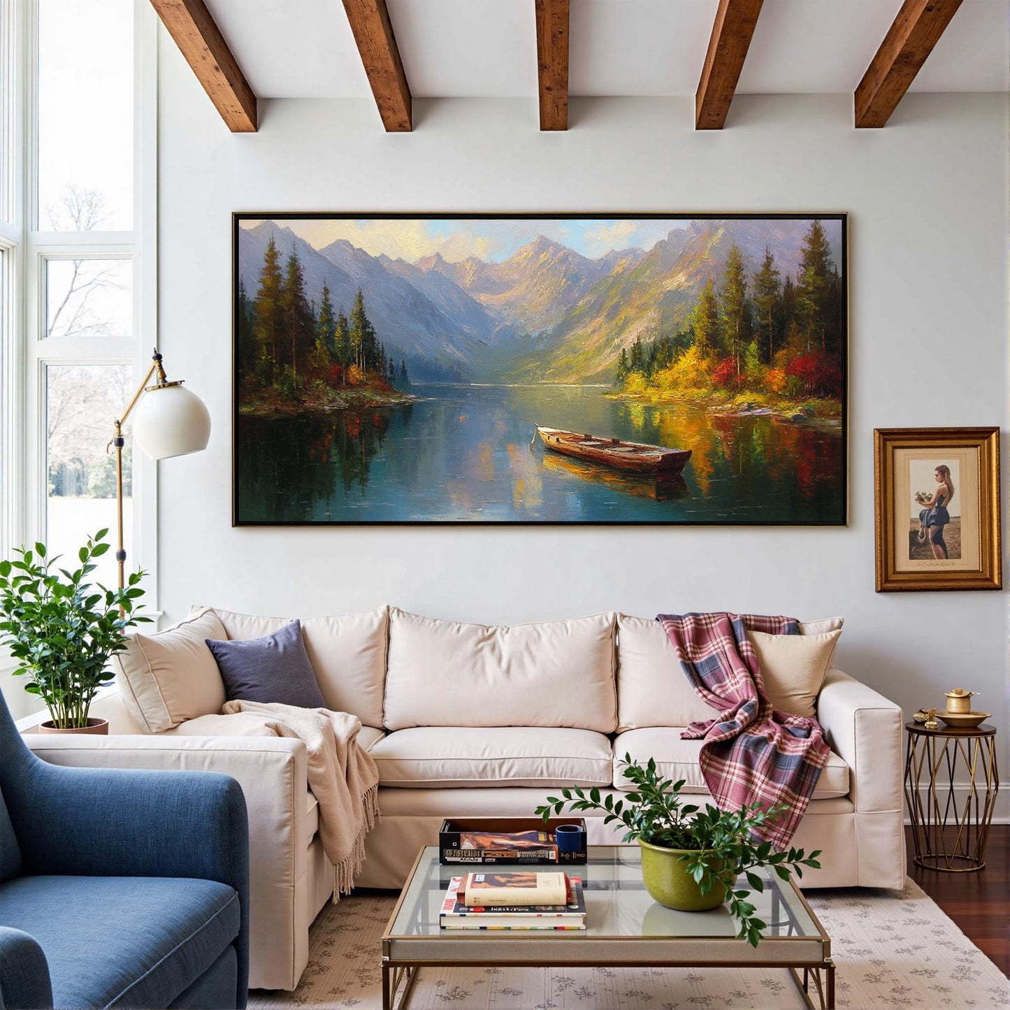 Hand-Painted Mountain Lake Landscape Wall Art – Abstract Autumn Canvas Painting