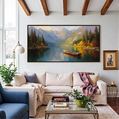 Hand-Painted Mountain Lake Landscape Wall Art – Abstract Autumn Canvas Painting