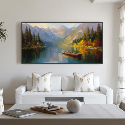 Hand-Painted Mountain Lake Landscape Wall Art – Abstract Autumn Canvas Painting