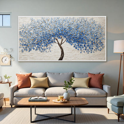 Blue and Gold Impasto Botanical Leaf Wall Art – Blue Leaf Tree