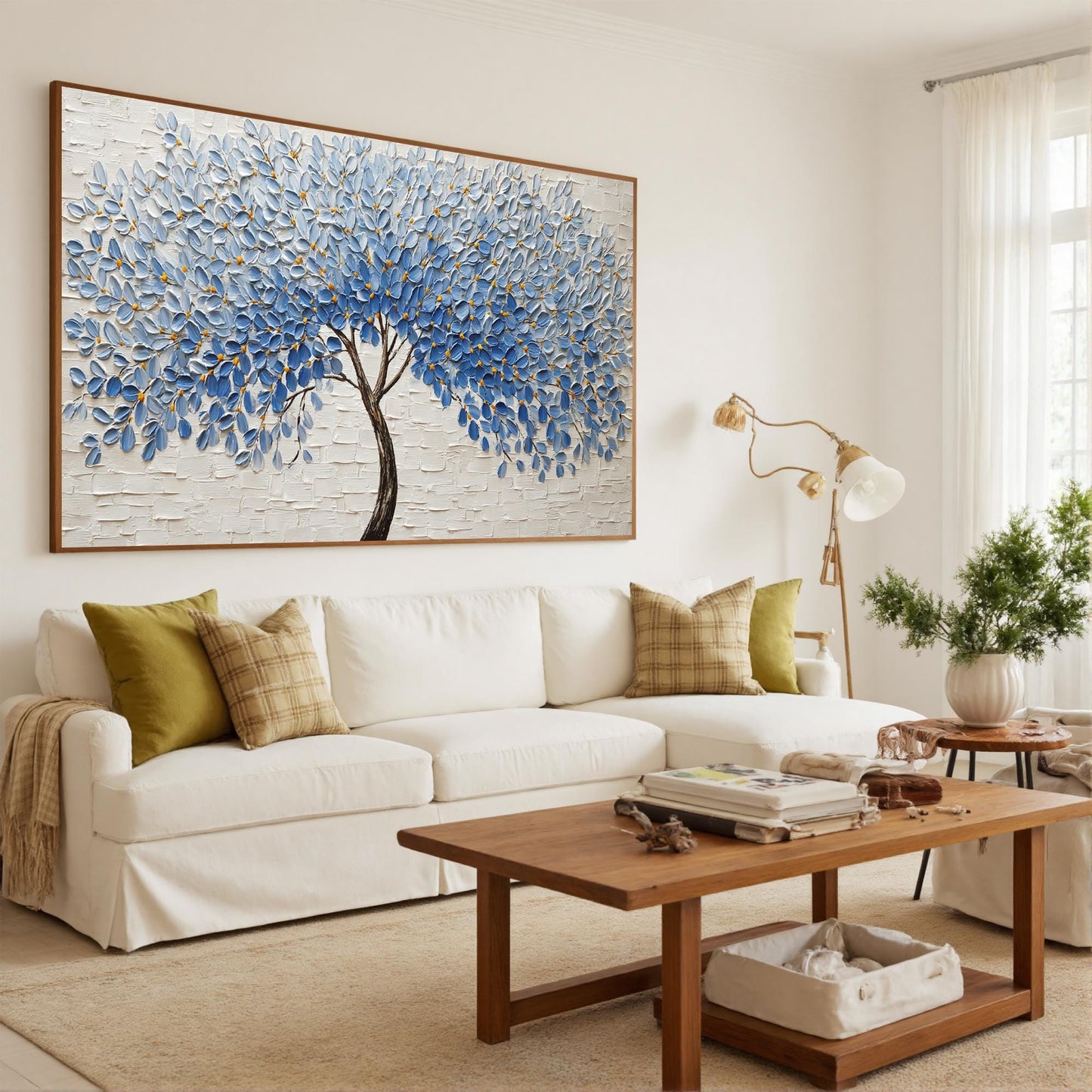 Blue Leaf Tree – Blue and Gold Botanical Leaf Wall Art | Impasto Painting, view 4