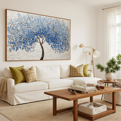 Blue Leaf Tree – Blue and Gold Botanical Leaf Wall Art | Impasto Painting, view 4