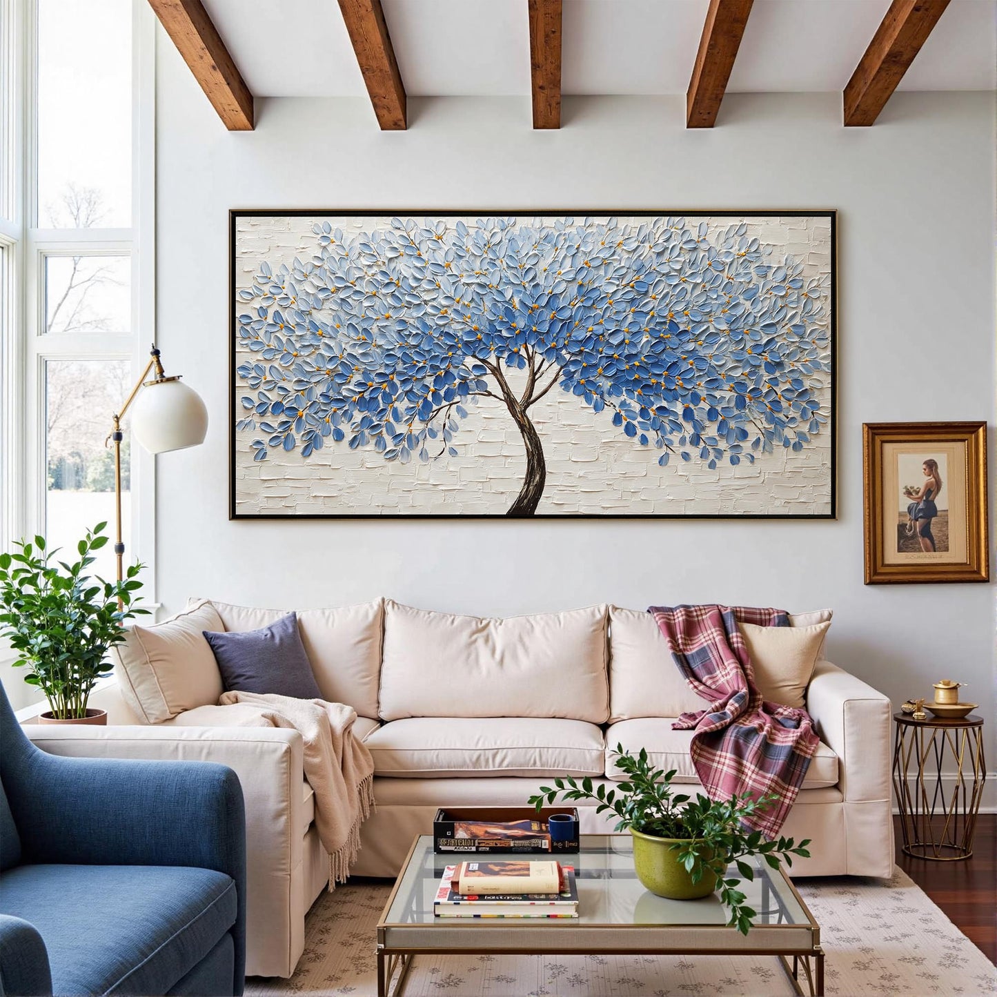 Blue and Gold Impasto Botanical Leaf Wall Art – Blue Leaf Tree