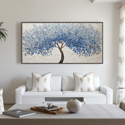 Blue and Gold Impasto Botanical Leaf Wall Art – Blue Leaf Tree