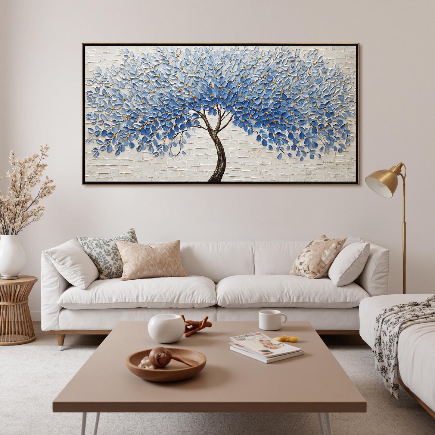 Blue Leaf Tree – Blue and Gold Botanical Leaf Wall Art | Impasto Painting, view 2
