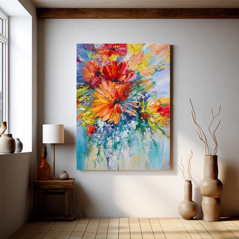 Large Abstract Flower Oil Painting on Canvas, Original Flower Canvas Wall Art, Modern Textured Floral Wall Art for Living Room, Home Décor