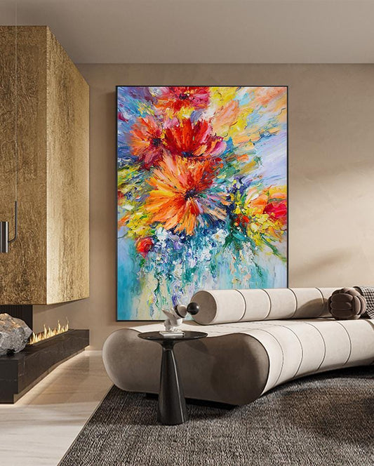 Large Abstract Flower Oil Painting on Canvas, Original Flower Canvas Wall Art, Modern Textured Floral Wall Art for Living Room, Home Décor