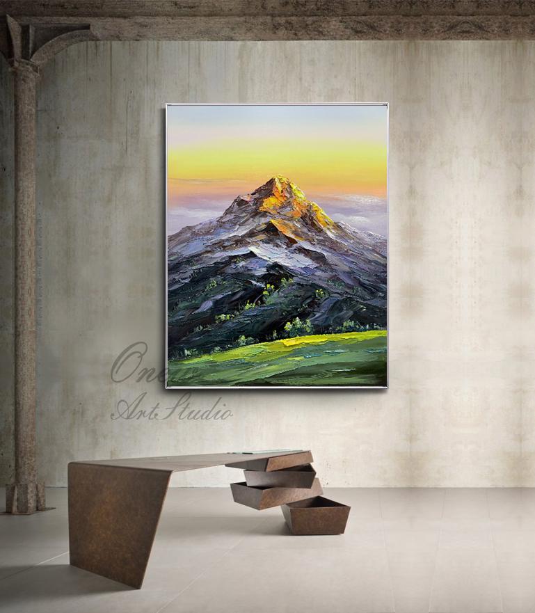 Original Mountain Oil Painting on Canvas, Large Abstract Landscape Canvas Wall Art, Golden Mountain Wall Art for Living Room, Home Décor
