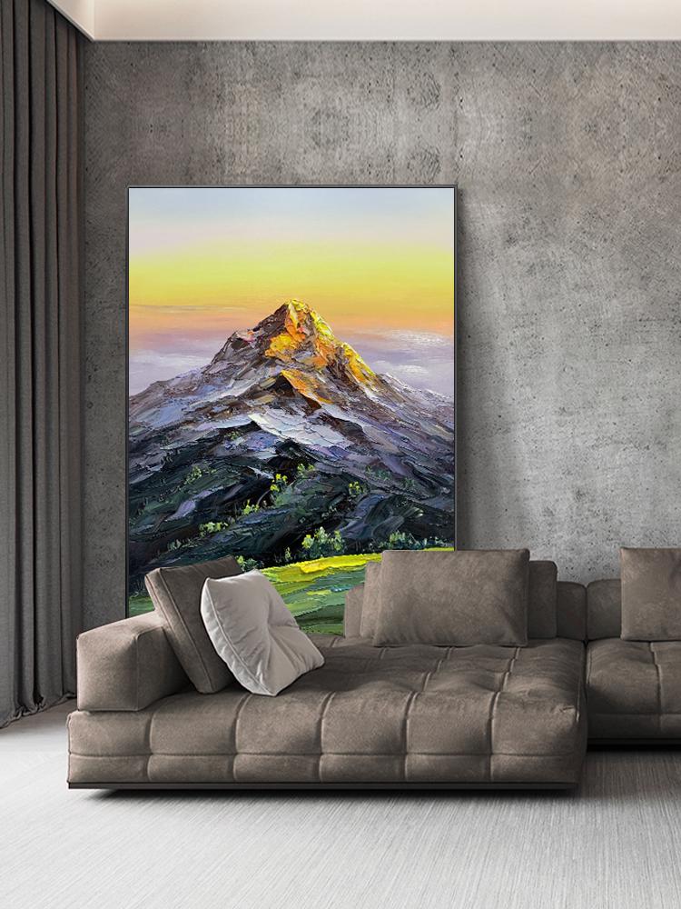 Original Mountain Oil Painting on Canvas, Large Abstract Landscape Canvas Wall Art, Golden Mountain Wall Art for Living Room, Home Décor