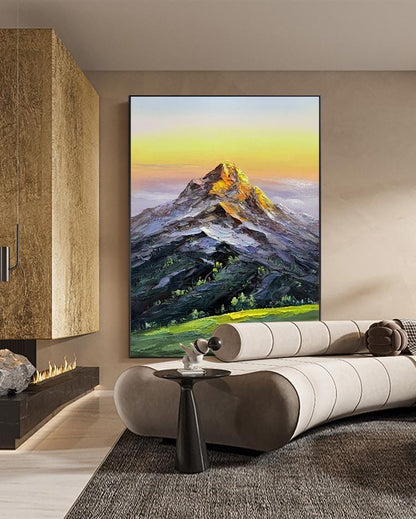 Original Mountain Oil Painting on Canvas, Large Abstract Landscape Canvas Wall Art, Golden Mountain Wall Art for Living Room, Home Décor