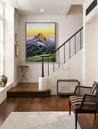 Original Mountain Oil Painting on Canvas, Large Abstract Landscape Canvas Wall Art, Golden Mountain Wall Art for Living Room, Home Décor