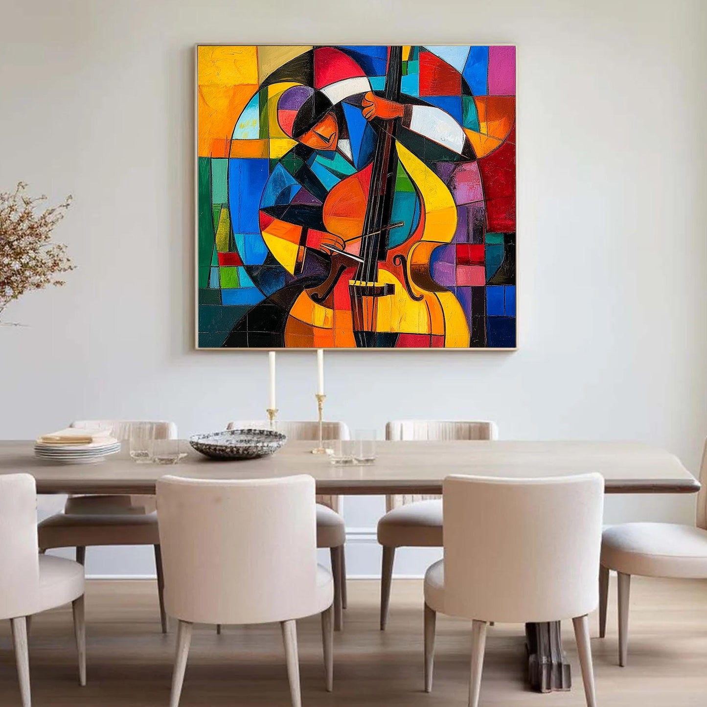 Colorful Cubist Cello Oil Painting – Abstract Geometric Wall Art