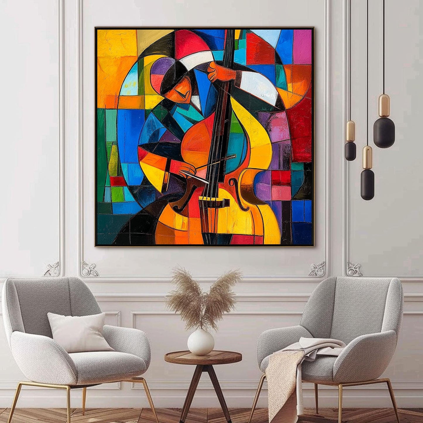 Colorful Cubist Cello Oil Painting – Abstract Geometric Wall Art