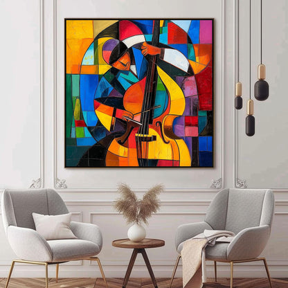Colorful Cubist Cello Oil Painting – Abstract Geometric Wall Art