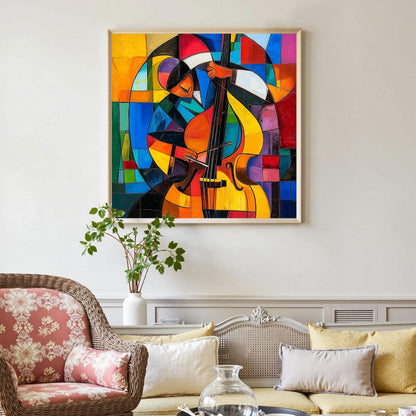 Colorful Cubist Cello Oil Painting – Abstract Geometric Wall Art