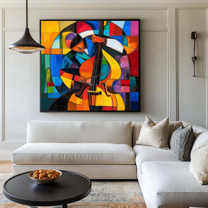 Colorful Cubist Cello Oil Painting – Abstract Geometric Wall Art