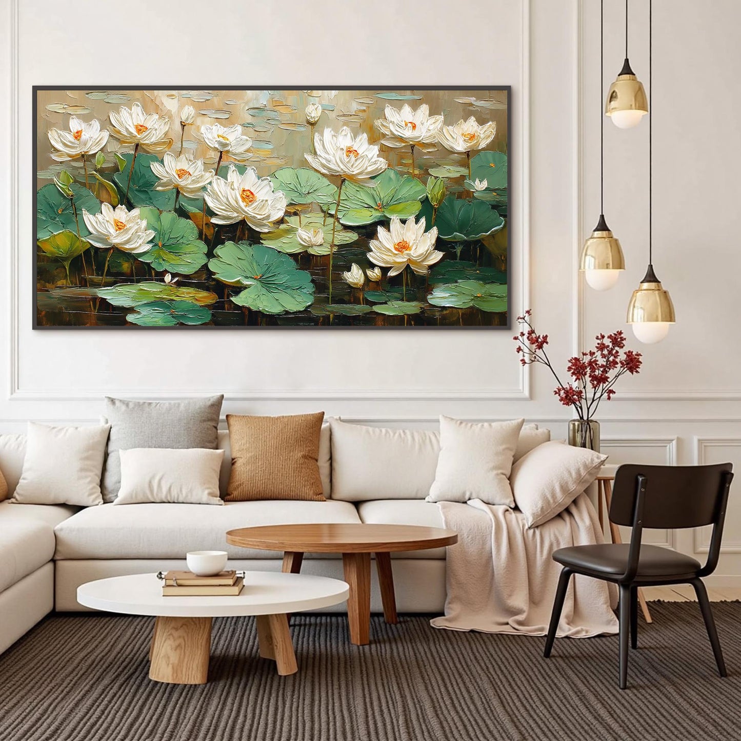 Green and White Textured Lotus Floral Wall Art – Textured White Lotus Flower Painting