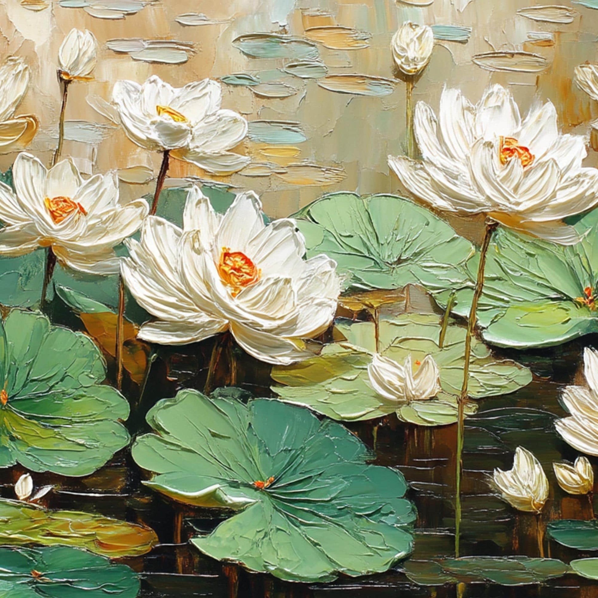 Textured White Lotus Flower Painting, 3D Floral Canvas Wall Art, Pond Landscape Home Decor – Green and White Lotus Floral Wal