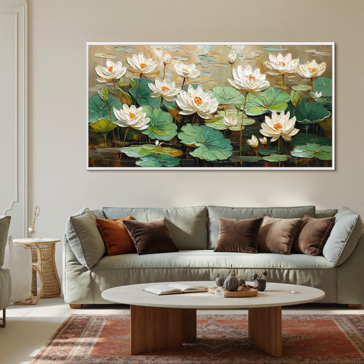 Green and White Textured Lotus Floral Wall Art – Textured White Lotus Flower Painting