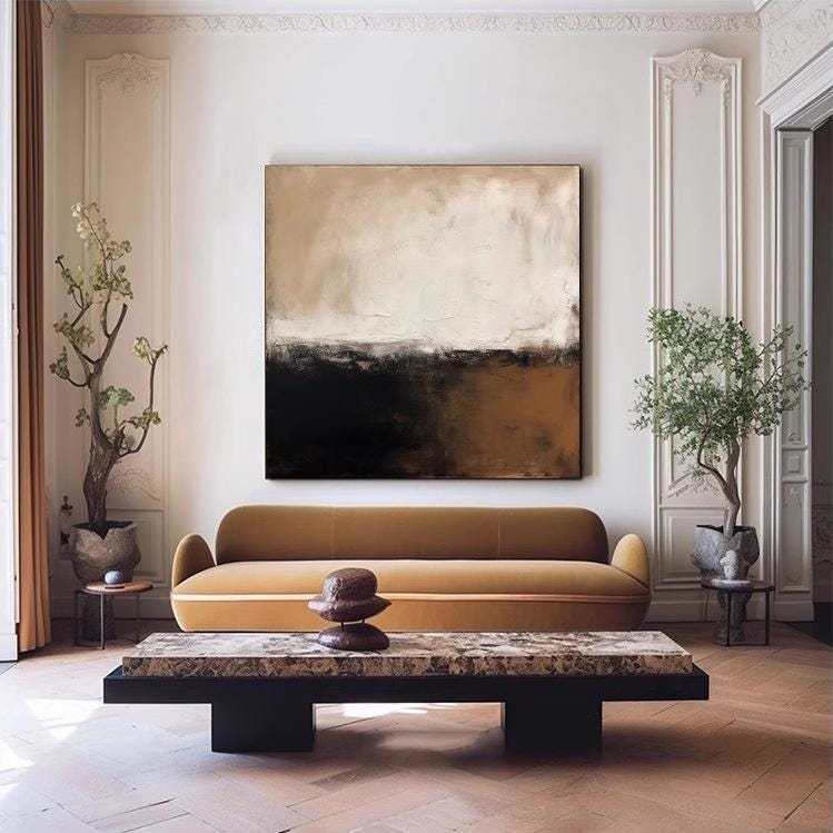 Large Abstract Oil Painting on Canvas, Brown Beige and Black Abstract Canvas Wall Art, Modern Textured Wall Art for Living Room, Home Decor