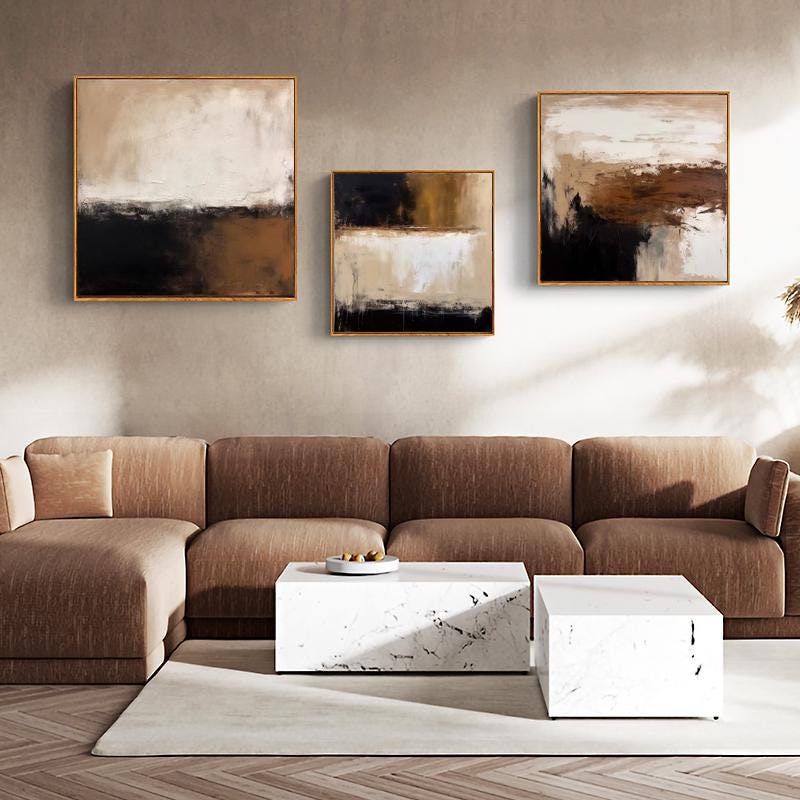 Large Abstract Oil Painting on Canvas, Brown Beige and Black Abstract Canvas Wall Art, Modern Textured Wall Art for Living Room, Home Decor