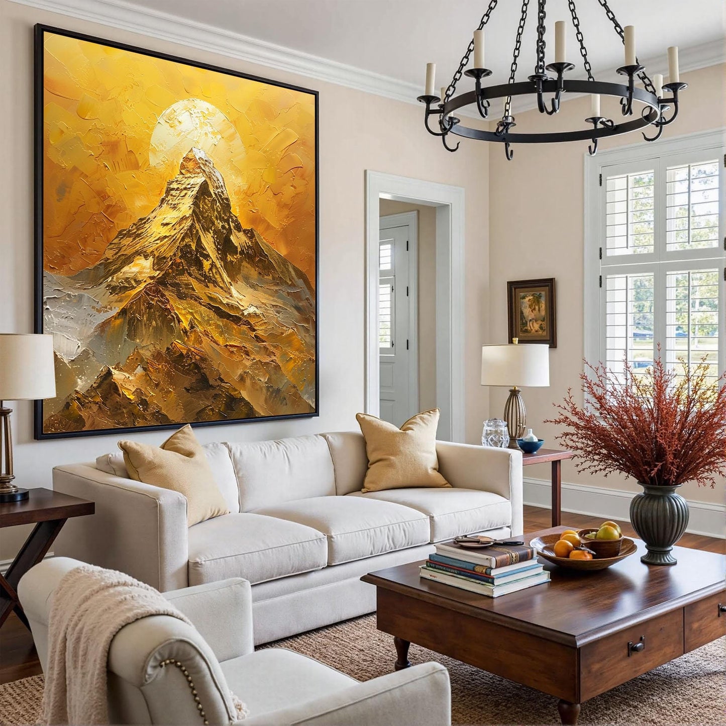 Golden Mountain Sunset Painting On Canvas, Large Textured Landscape Painting, Modern Gold Wall Art, Abstract Sunrise Art, Liv